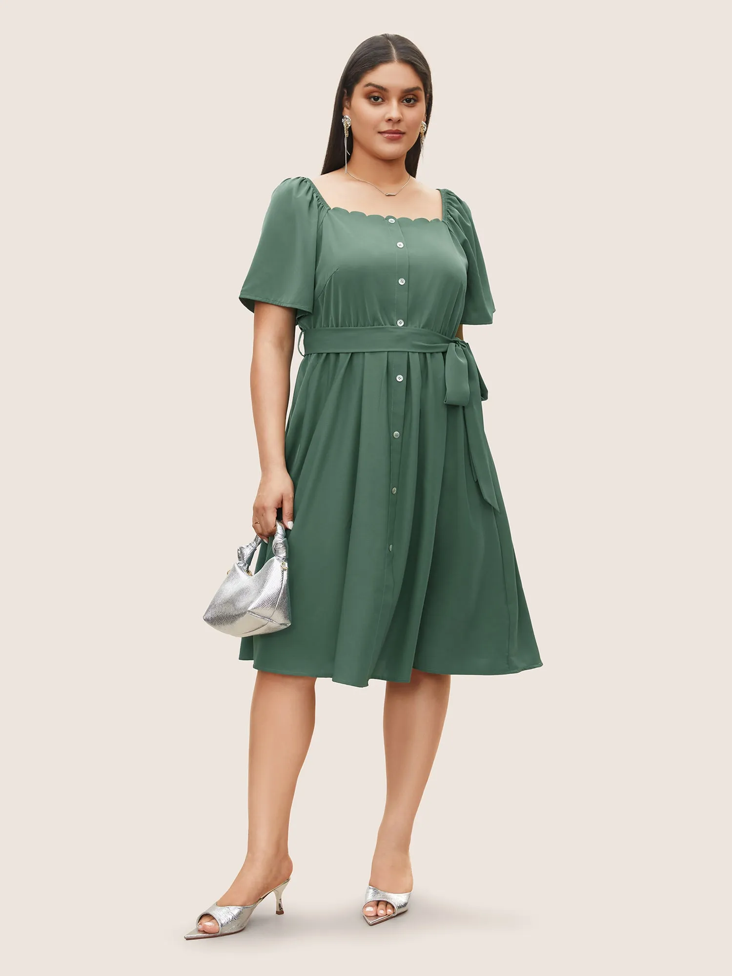 Anti-Wrinkle Square Neck Scalloped Trim Ruffle Sleeve Dress sold by Bloomchic