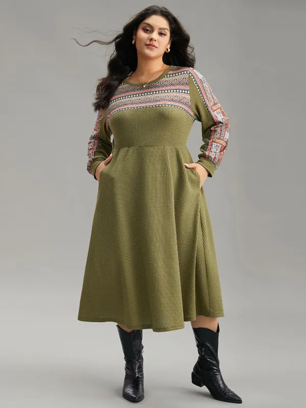 Boho Print Striped Patchwork Waffle Knit Dress sold by Bloomchic