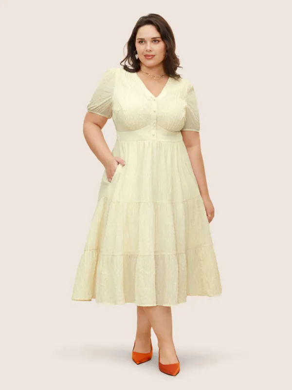 V Neck Solid Textured Button Detail Dress sold by Bloomchic