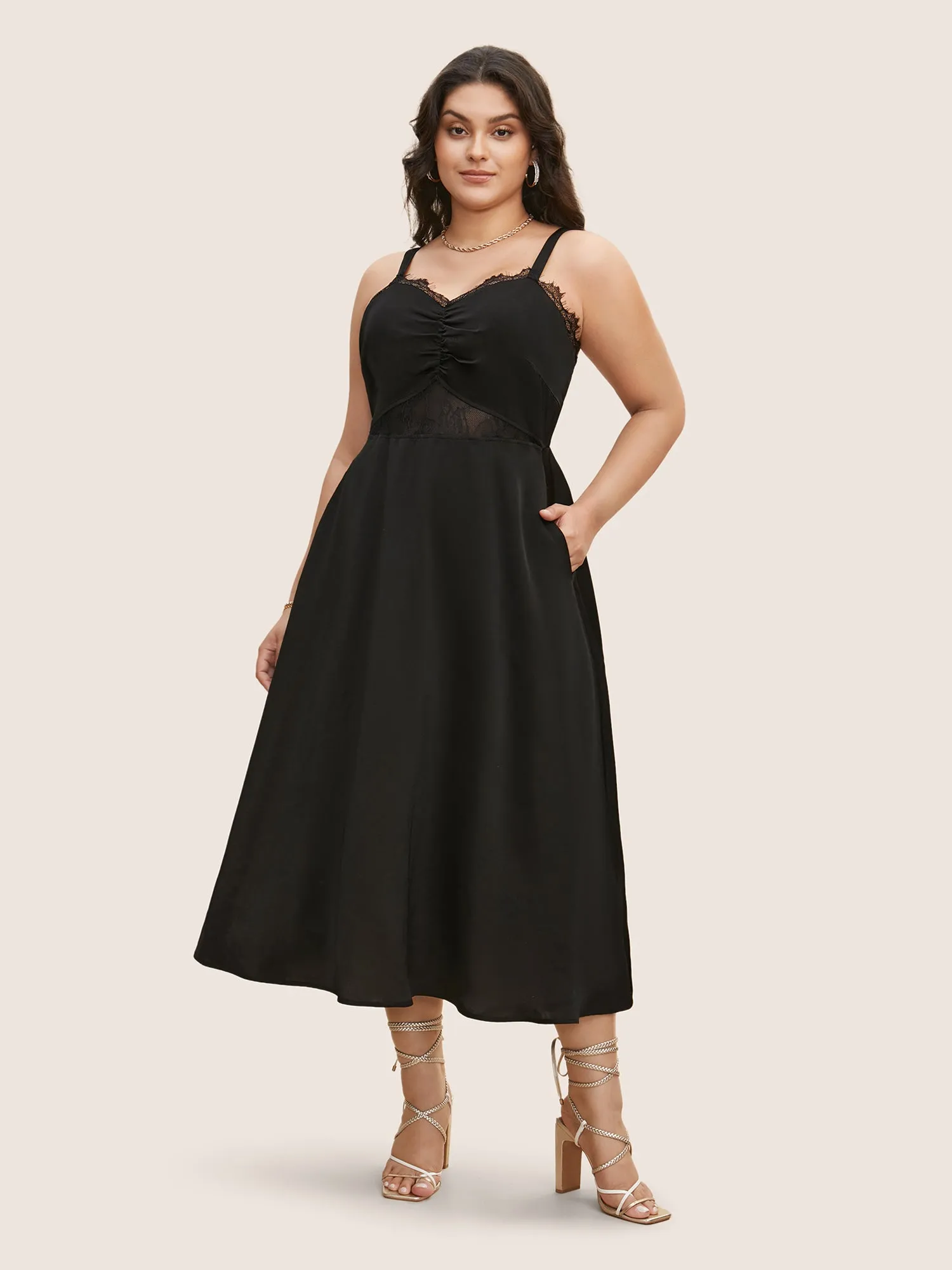 Crochet Lace Mesh Ruched Cami Dress sold by Bloomchic