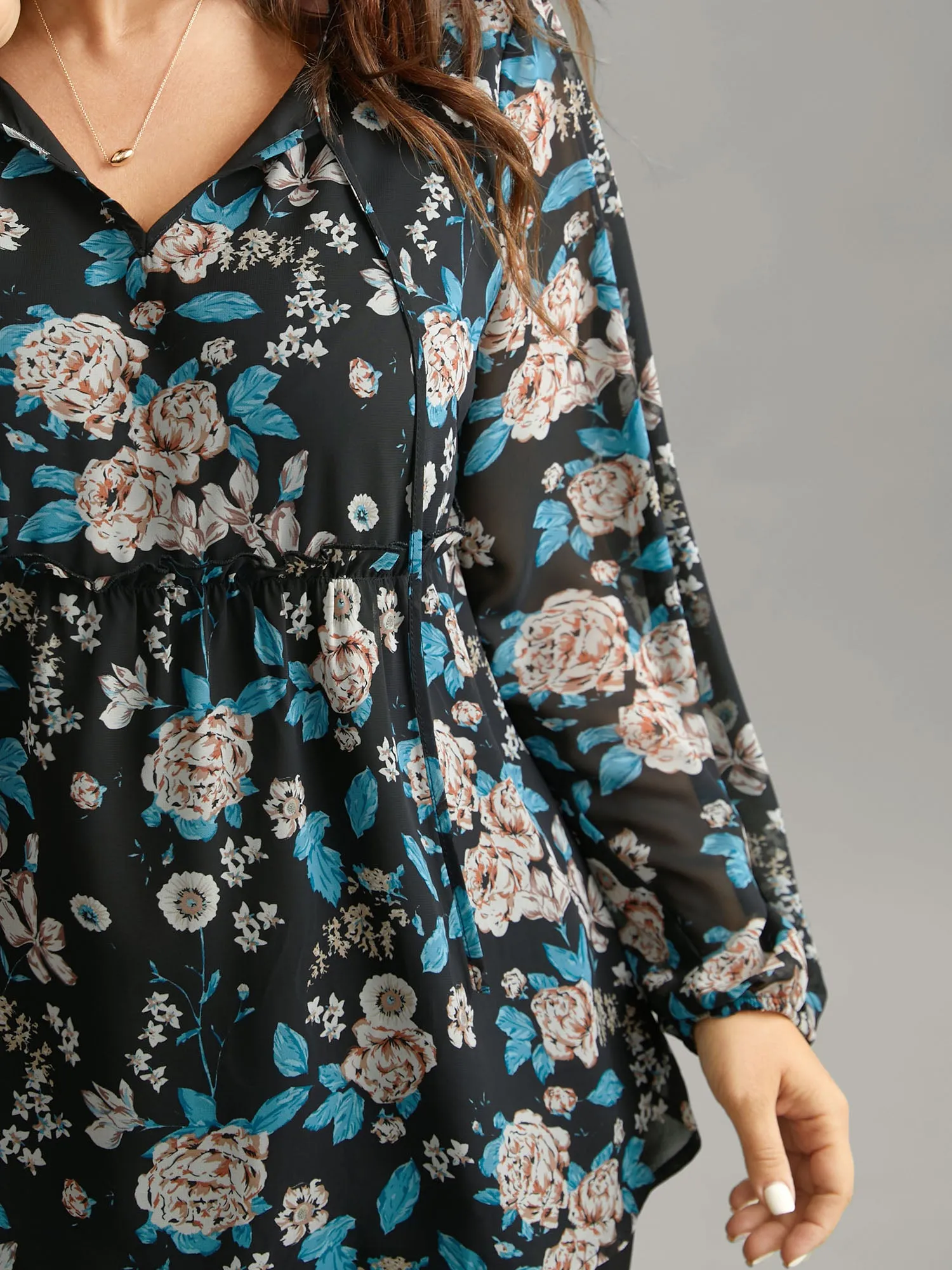 Chiffon Floral Print Ties Flutter Trim Blouse sold by Bloomchic product image thumbnail 4