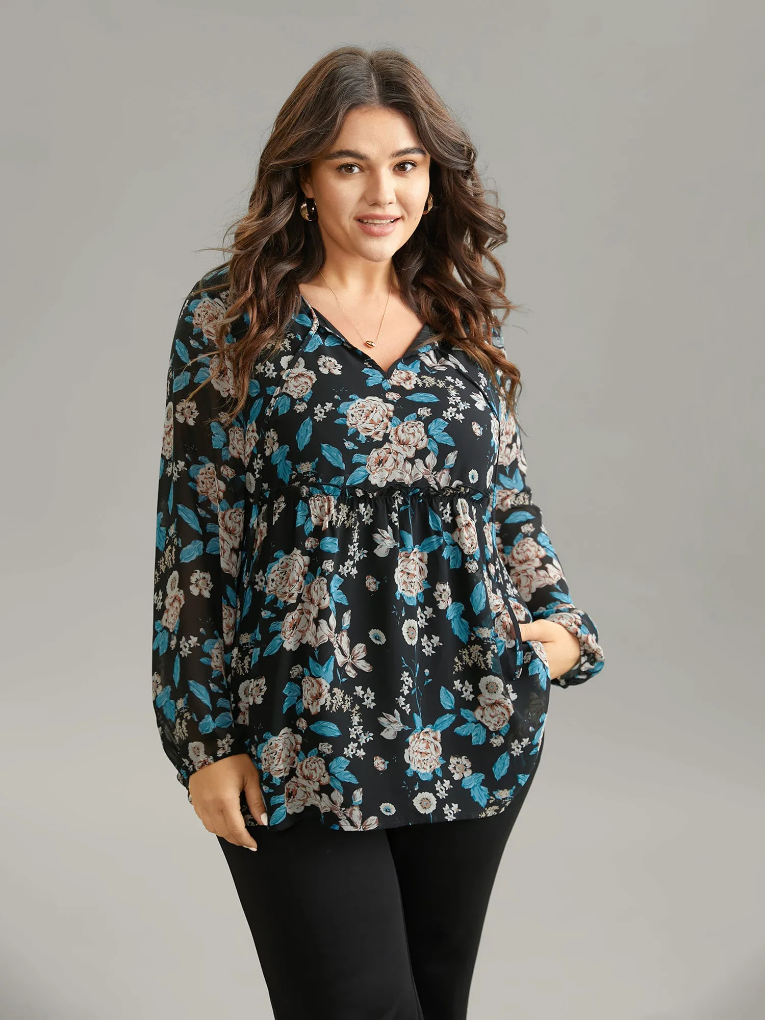 Chiffon Floral Print Ties Flutter Trim Blouse sold by Bloomchic