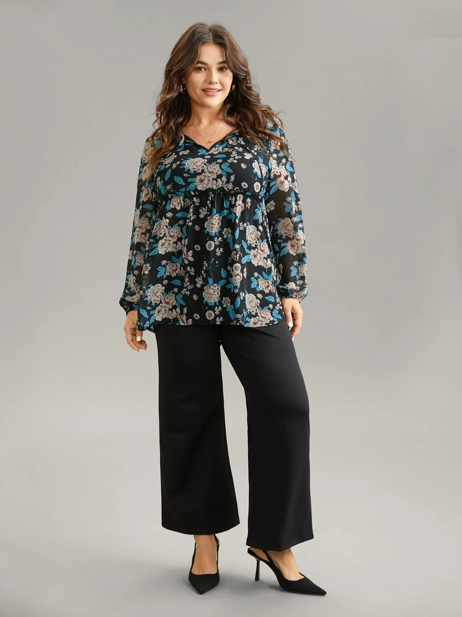 Chiffon Floral Print Ties Flutter Trim Blouse sold by Bloomchic product image thumbnail 2