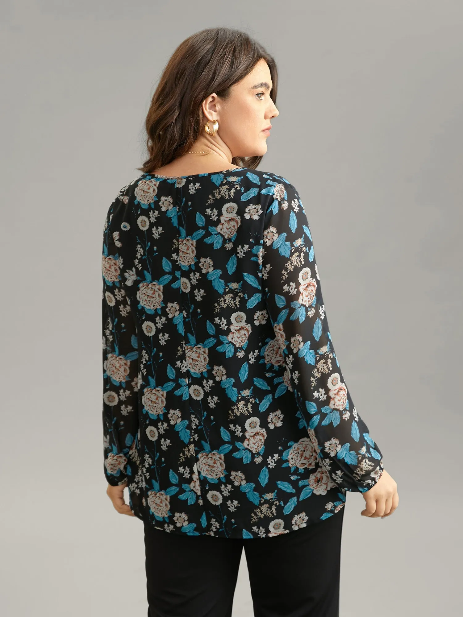 Chiffon Floral Print Ties Flutter Trim Blouse sold by Bloomchic product image thumbnail 3