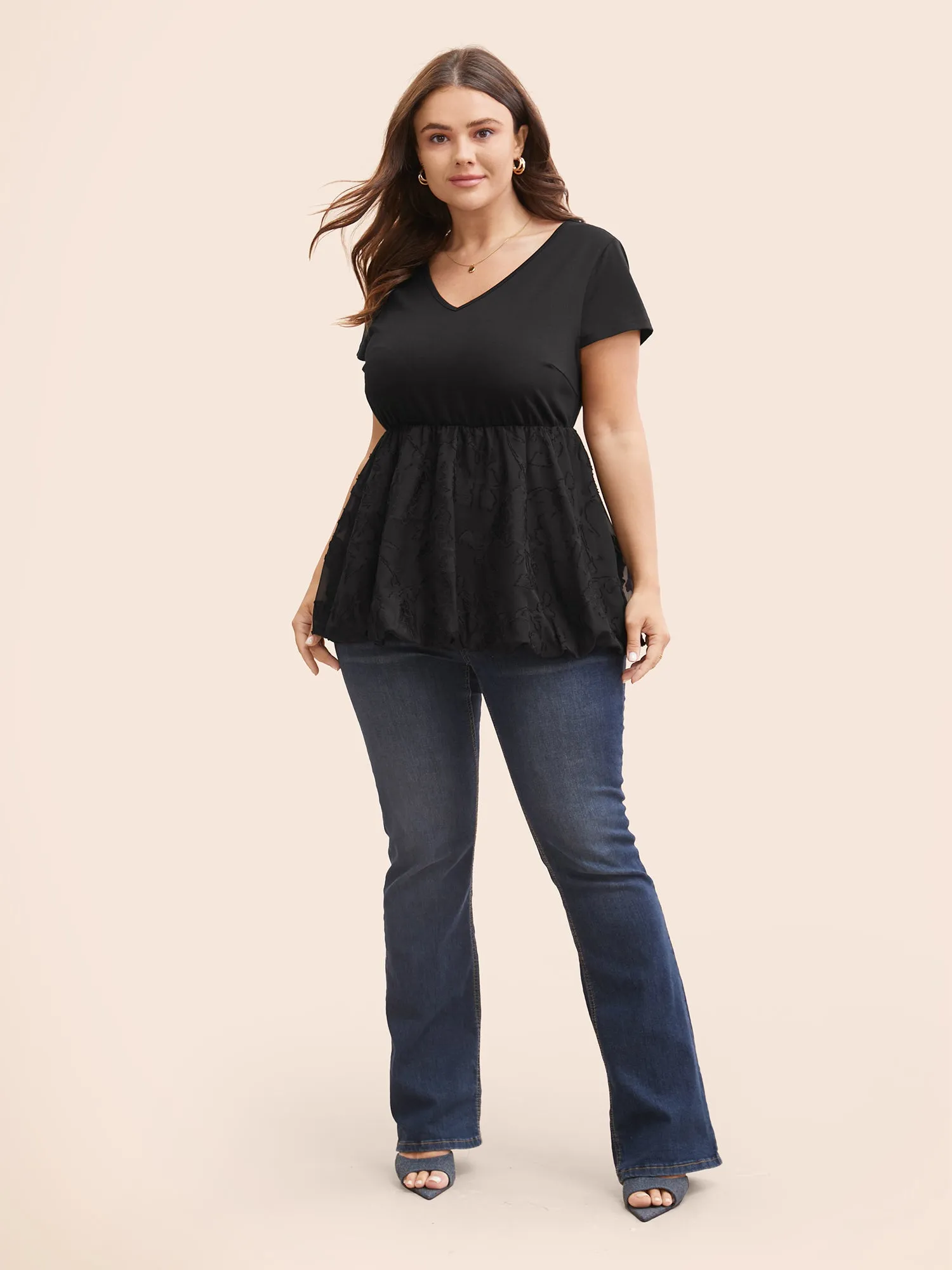 Solid Textured Patchwork Bubble Hem T-shirt sold by Bloomchic product image thumbnail 3