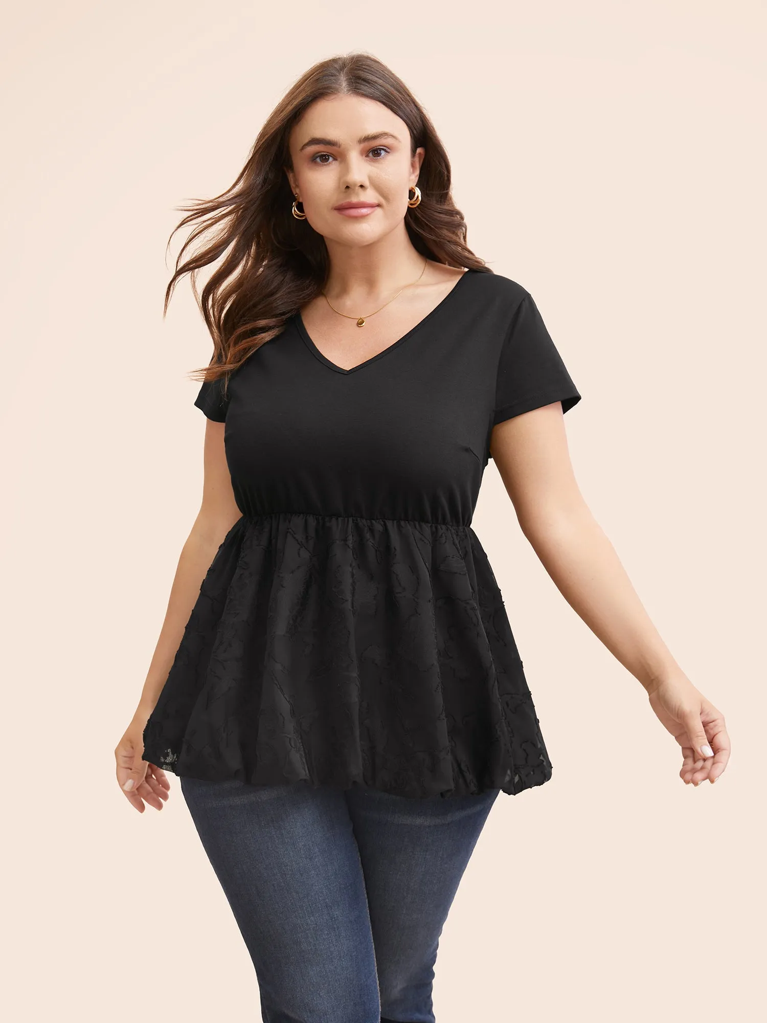 Solid Textured Patchwork Bubble Hem T-shirt sold by Bloomchic