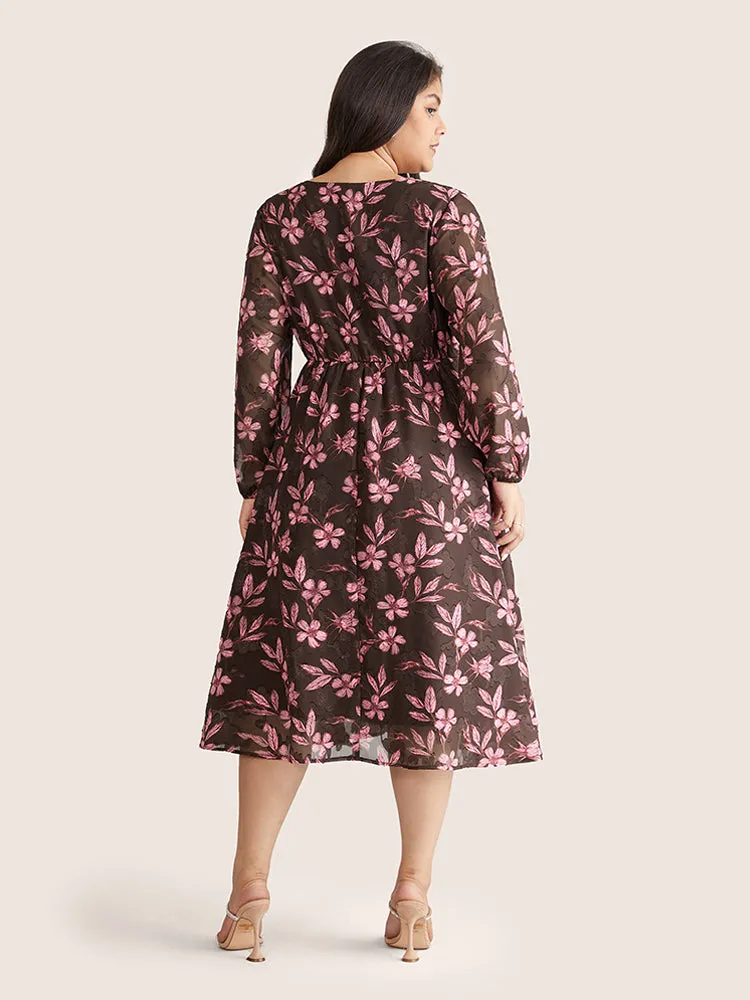 Floral Mesh Patchwork Lantern Sleeve Wrap Dress sold by Bloomchic product image thumbnail 3