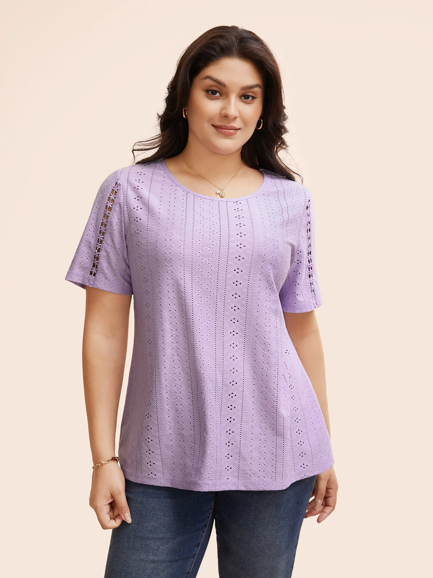 Solid Round Neck Broderie Anglaise T-shirt sold by Bloomchic