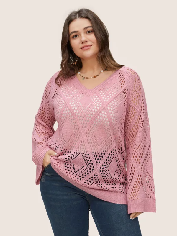 Geometric Hollow Out Bell Sleeve Pullover sold by Bloomchic