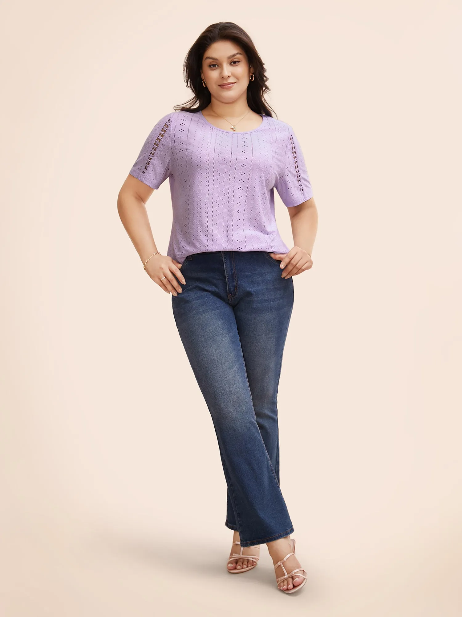 Solid Round Neck Broderie Anglaise T-shirt sold by Bloomchic product image thumbnail 3