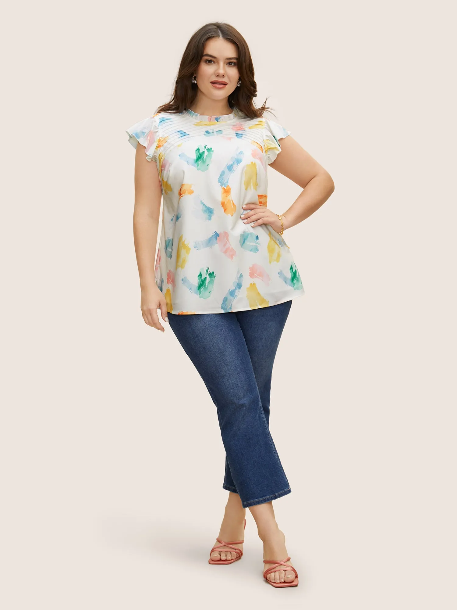 Brush Print Pleated Ruffle Cap Sleeve Blouse sold by Bloomchic product image thumbnail 2