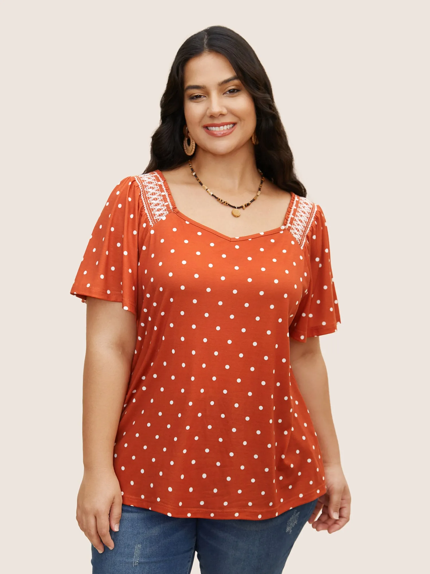 Polka Dot Heart Neckline Shirred Ruffles T-shirt sold by Bloomchic