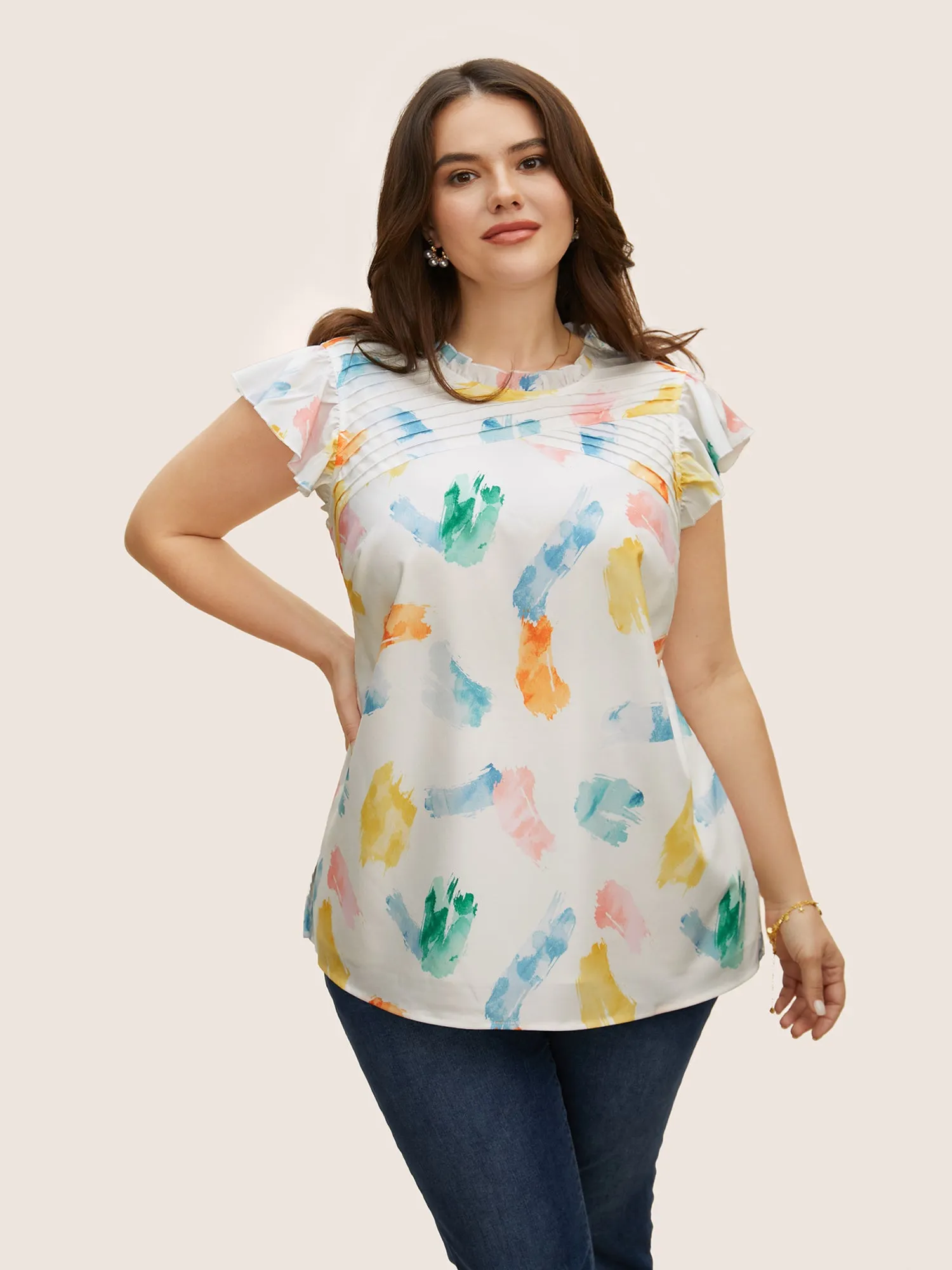 Brush Print Pleated Ruffle Cap Sleeve Blouse sold by Bloomchic