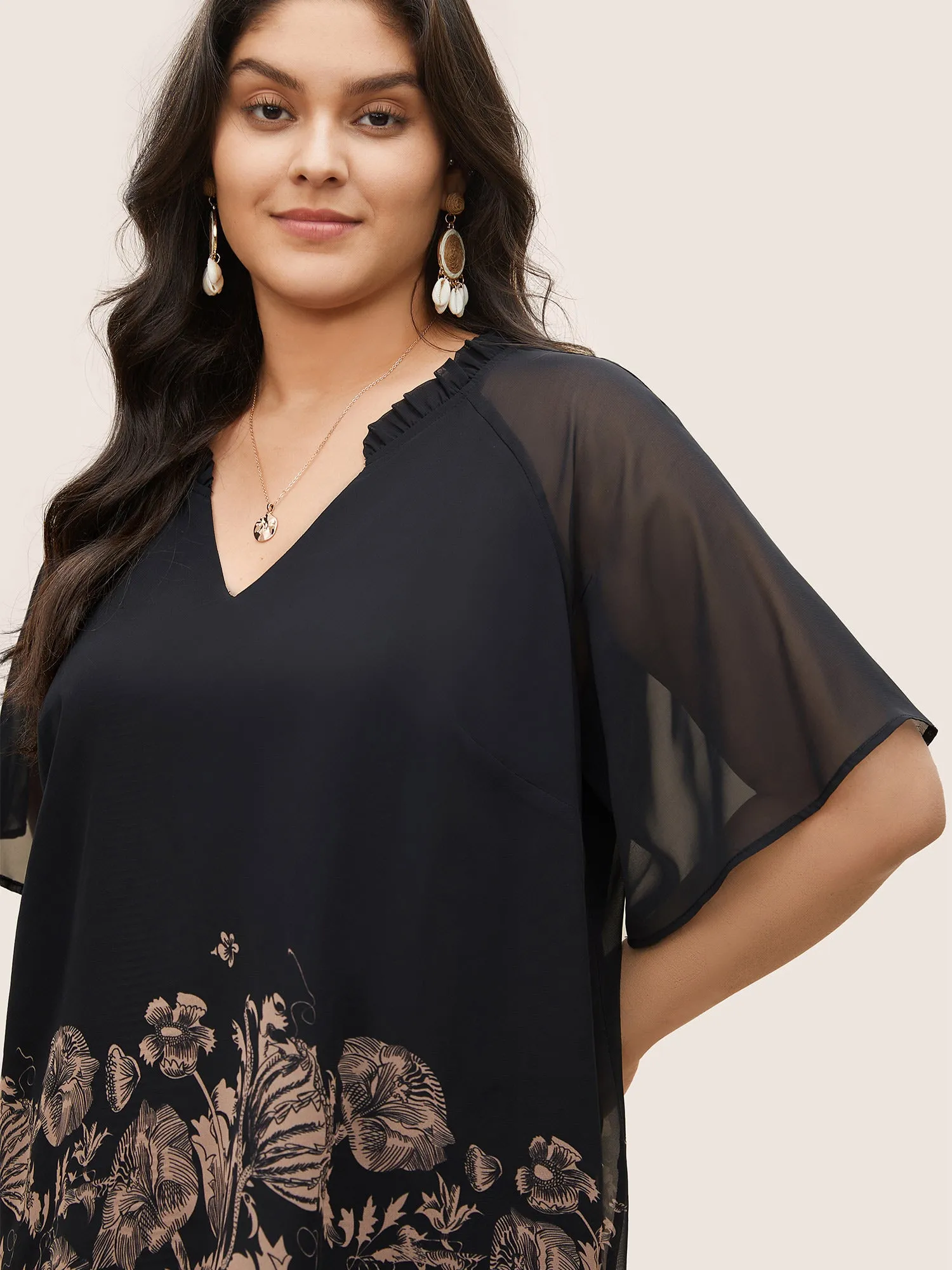 Boho Print Patchwork Mesh Frill Trim Blouse sold by Bloomchic product image thumbnail 3