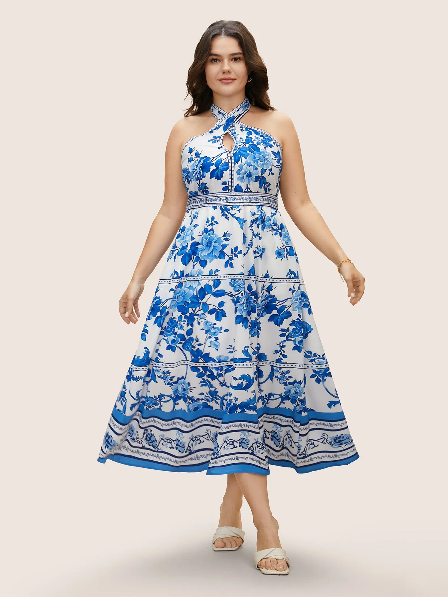 Boho Print Halter Neck Shirred Tie Knot Dress sold by Bloomchic