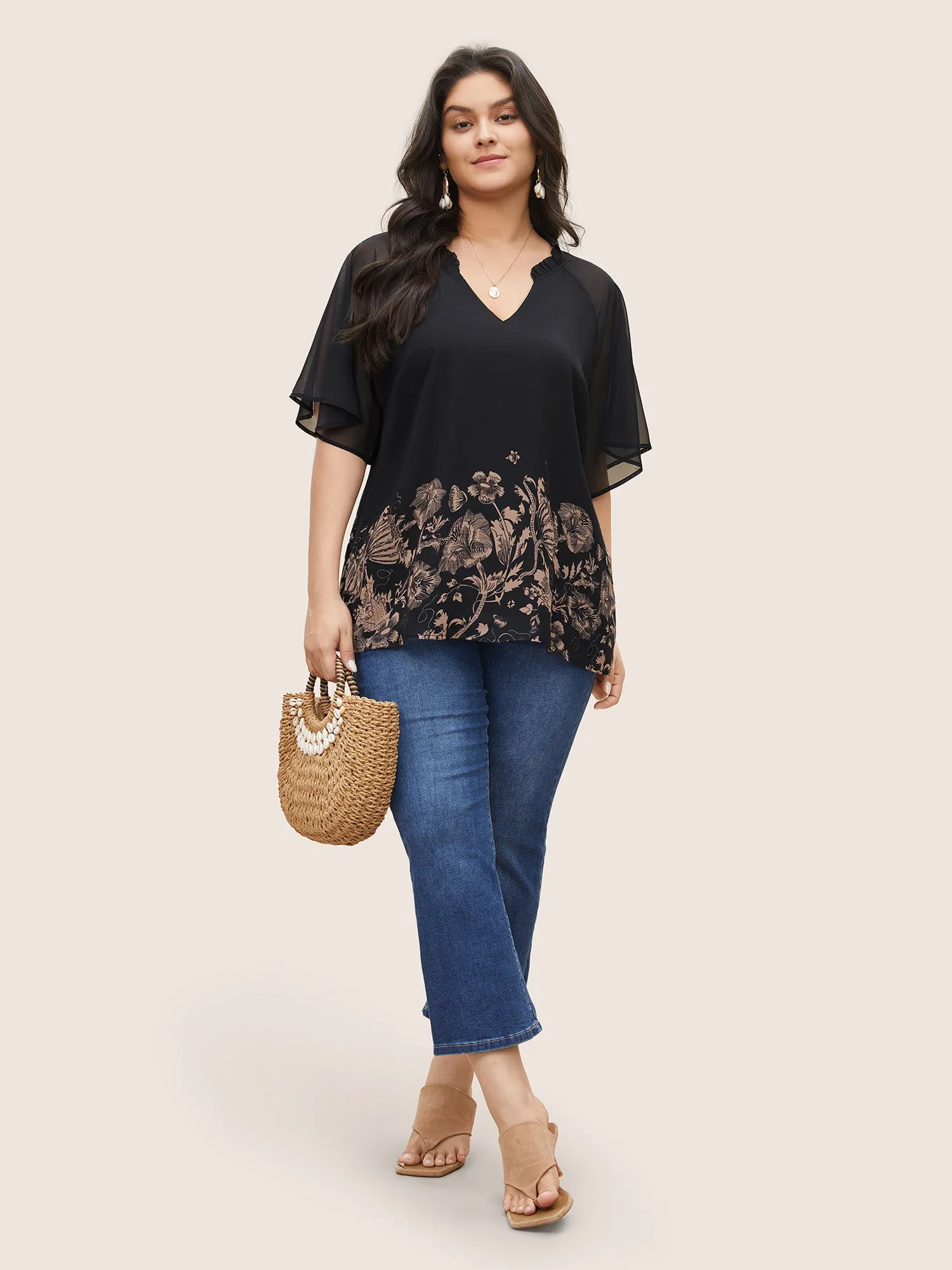 Boho Print Patchwork Mesh Frill Trim Blouse sold by Bloomchic product image thumbnail 2