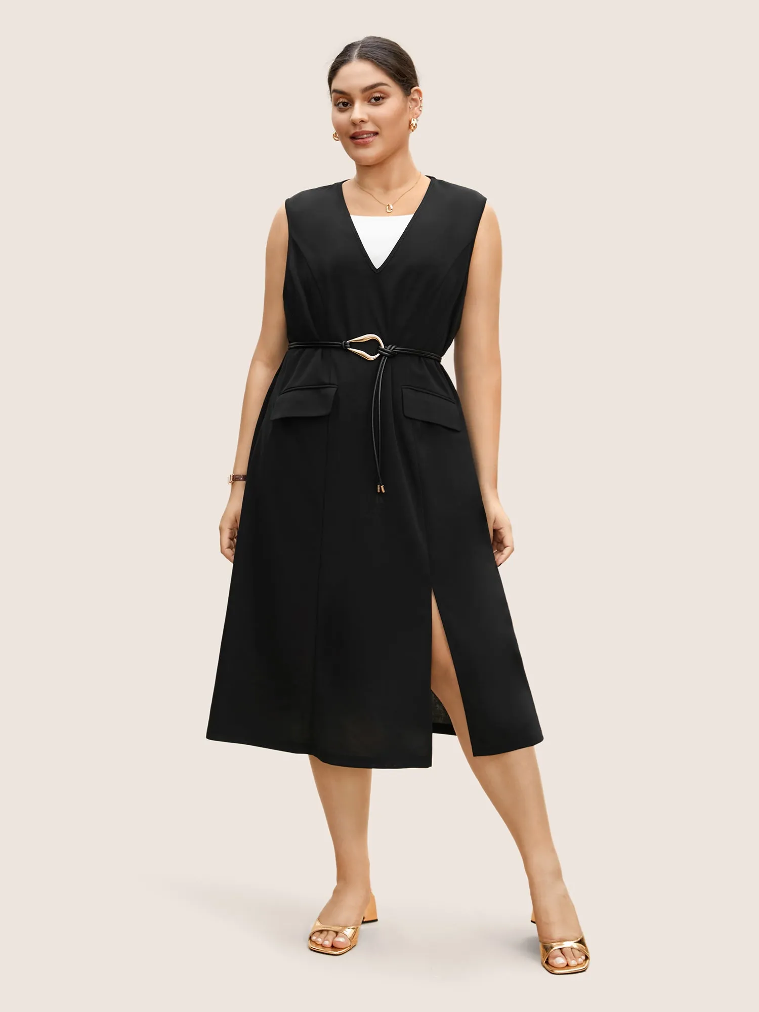 V Neck Metal Detail Split Hem Dress sold by Bloomchic