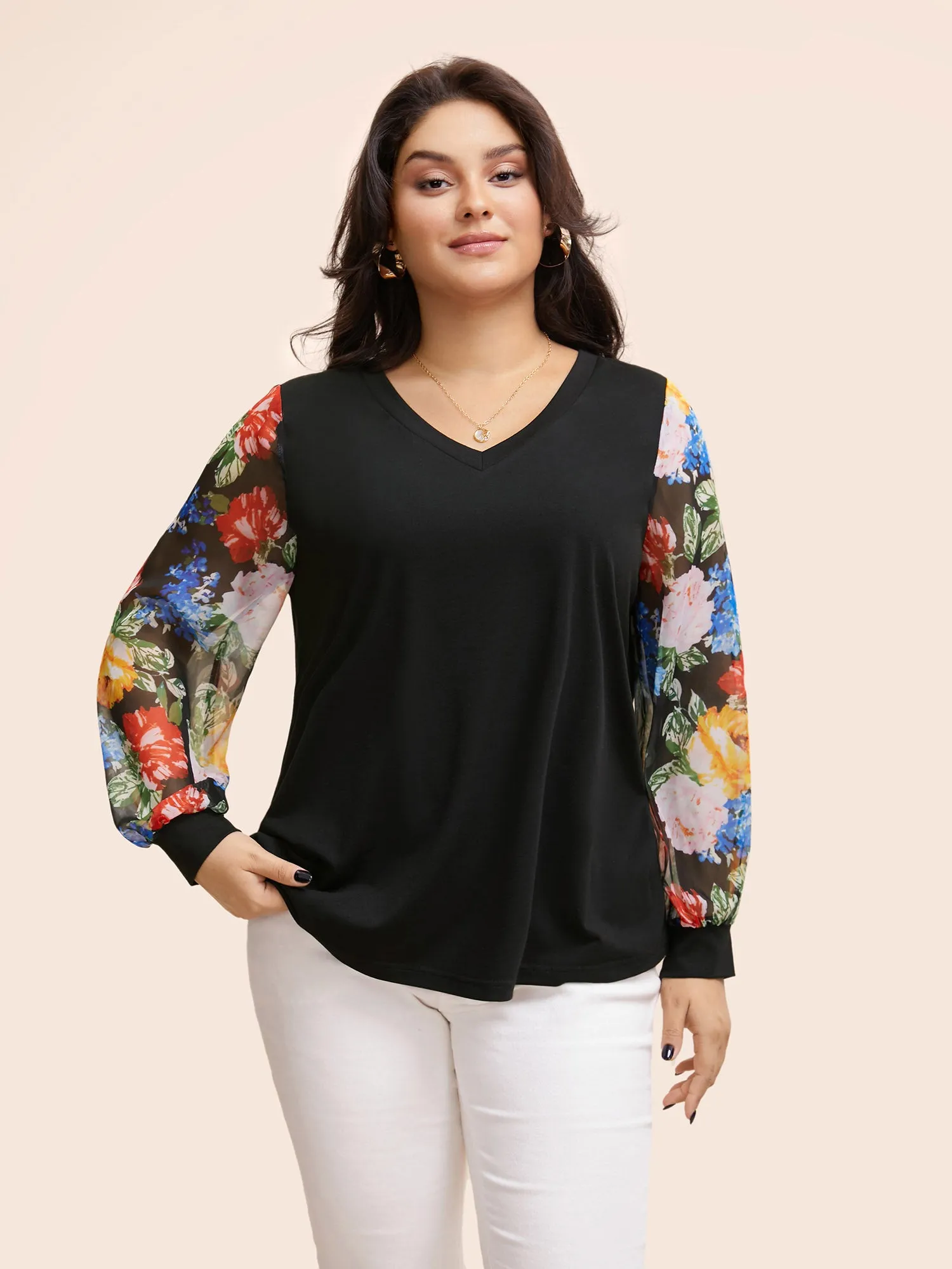 V Neck Floral Patchwork Mesh T-shirt sold by Bloomchic