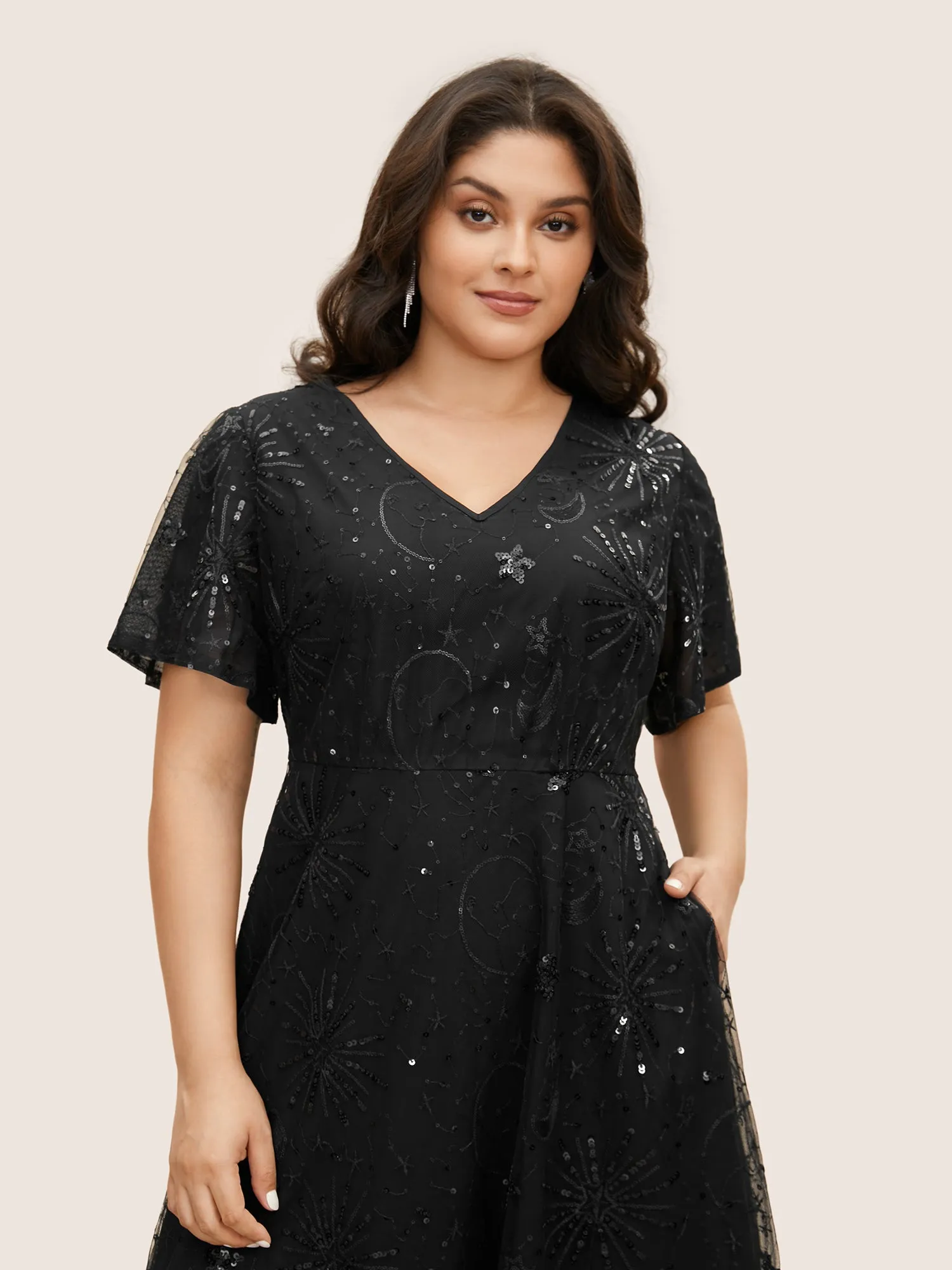 V Neck Star Sequin Mesh Embroidered Dress sold by Bloomchic product image thumbnail 3