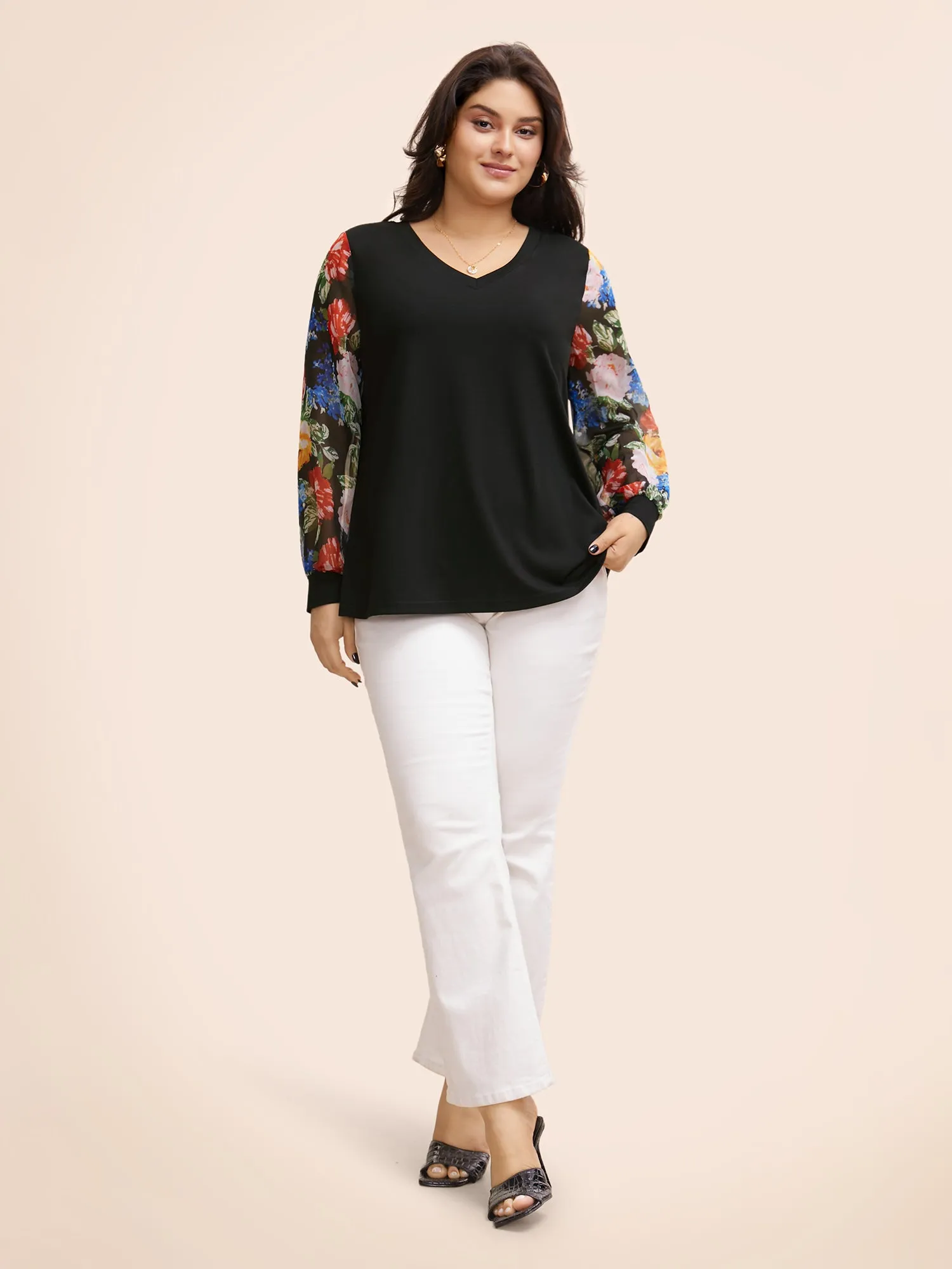 V Neck Floral Patchwork Mesh T-shirt sold by Bloomchic product image thumbnail 2