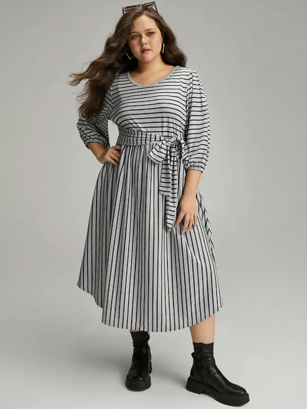 Striped Ties Lantern Sleeve Curved Hem Dress sold by Bloomchic