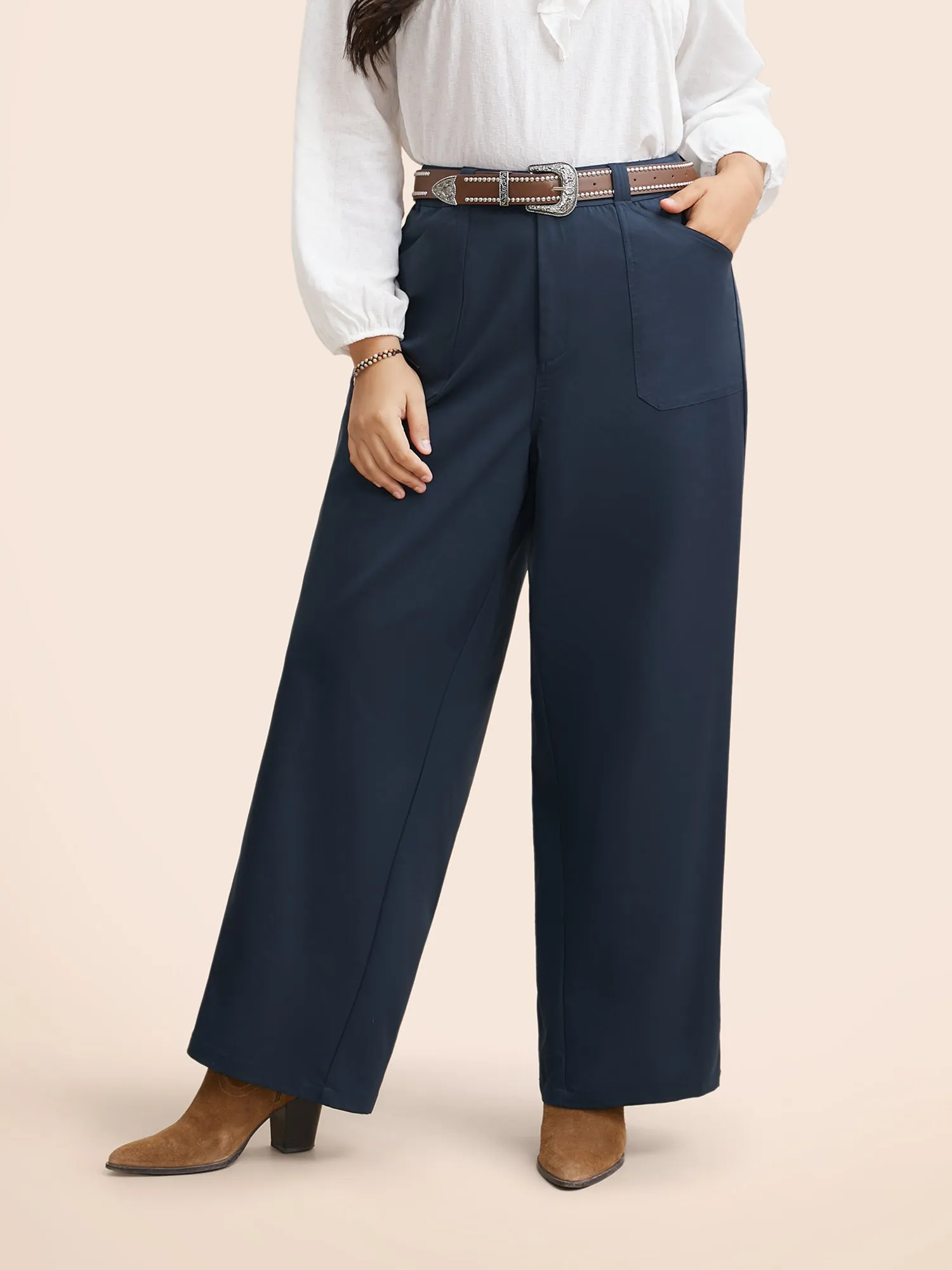 Solid Buttoned Zipper Wide Leg Pants sold by Bloomchic