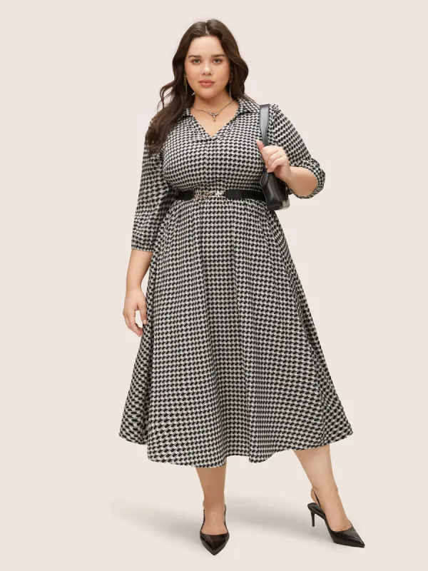 Geometric Colorblock Lapel Collar Elastic Waist Dress sold by Bloomchic