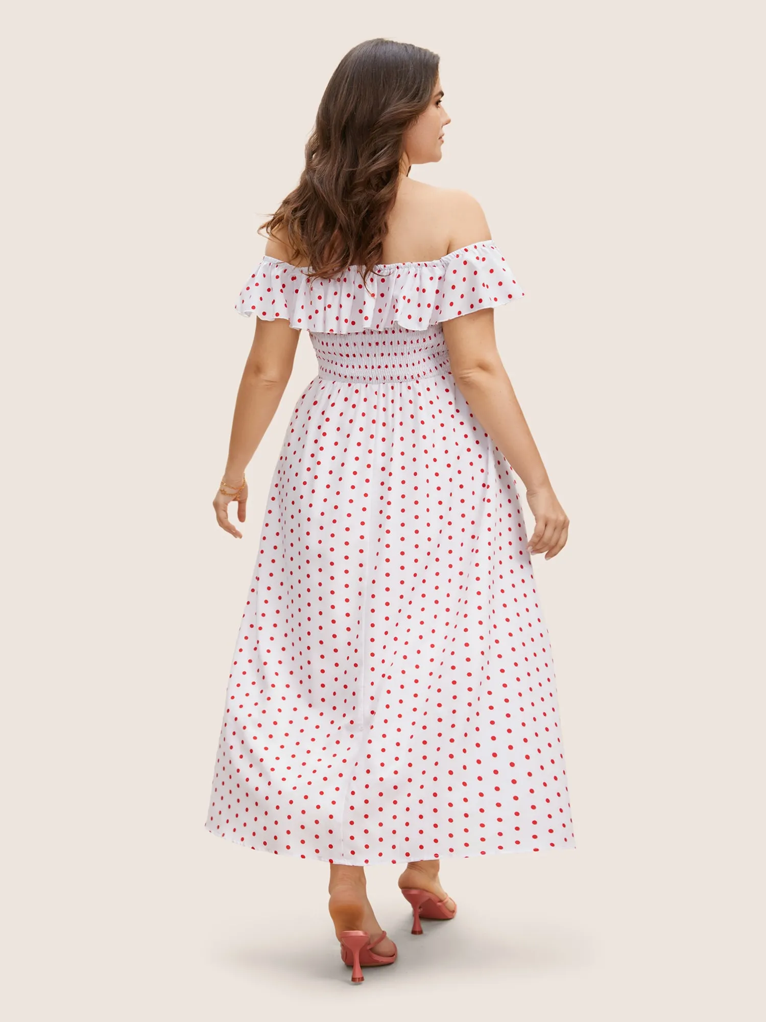 Off Shoulder Polka Dot Shirred Ruffles Dress sold by Bloomchic product image thumbnail 4