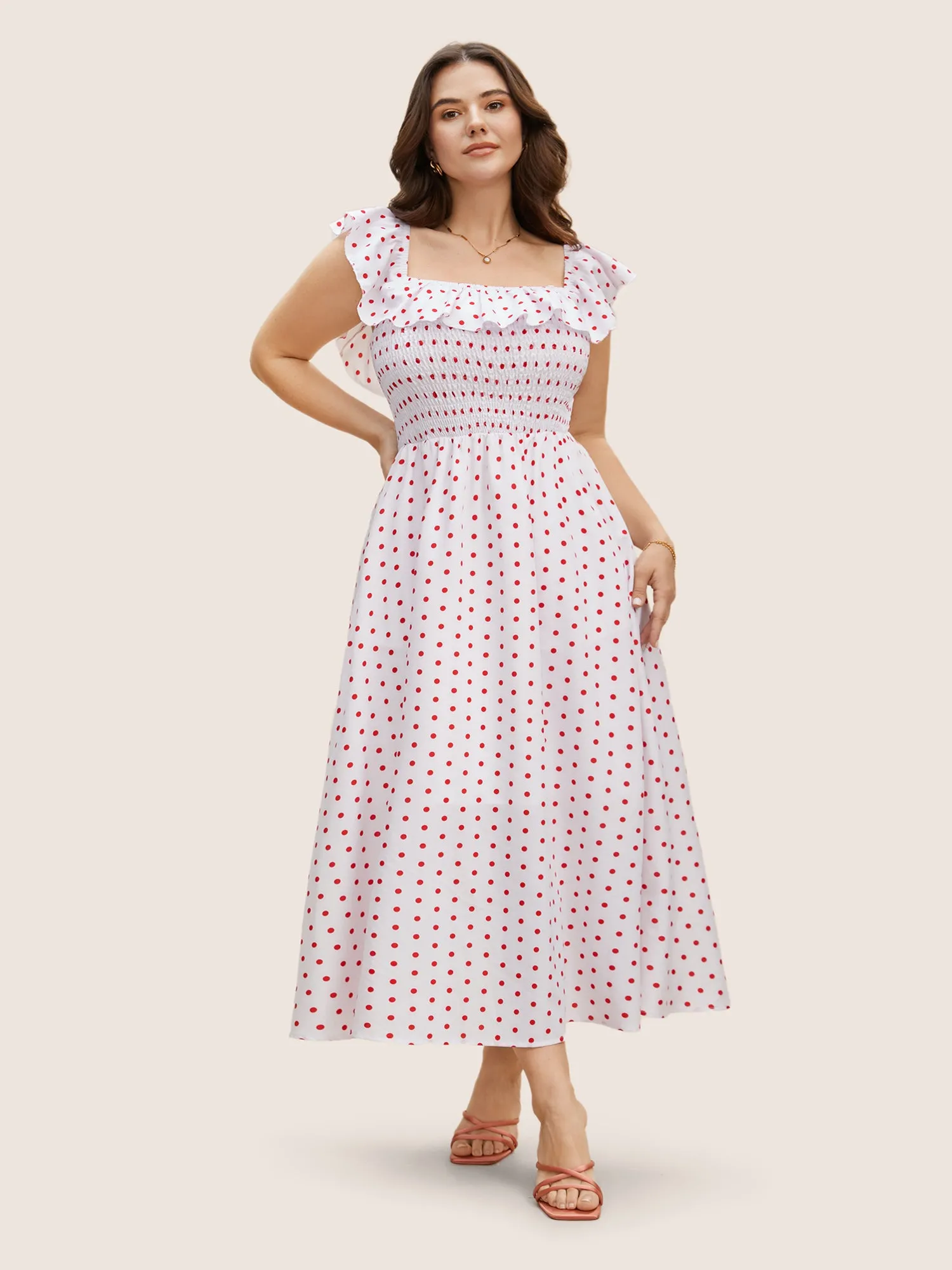 Off Shoulder Polka Dot Shirred Ruffles Dress sold by Bloomchic