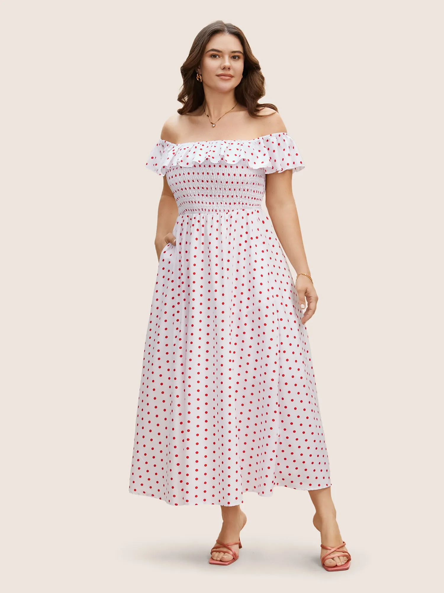 Off Shoulder Polka Dot Shirred Ruffles Dress sold by Bloomchic product image thumbnail 3