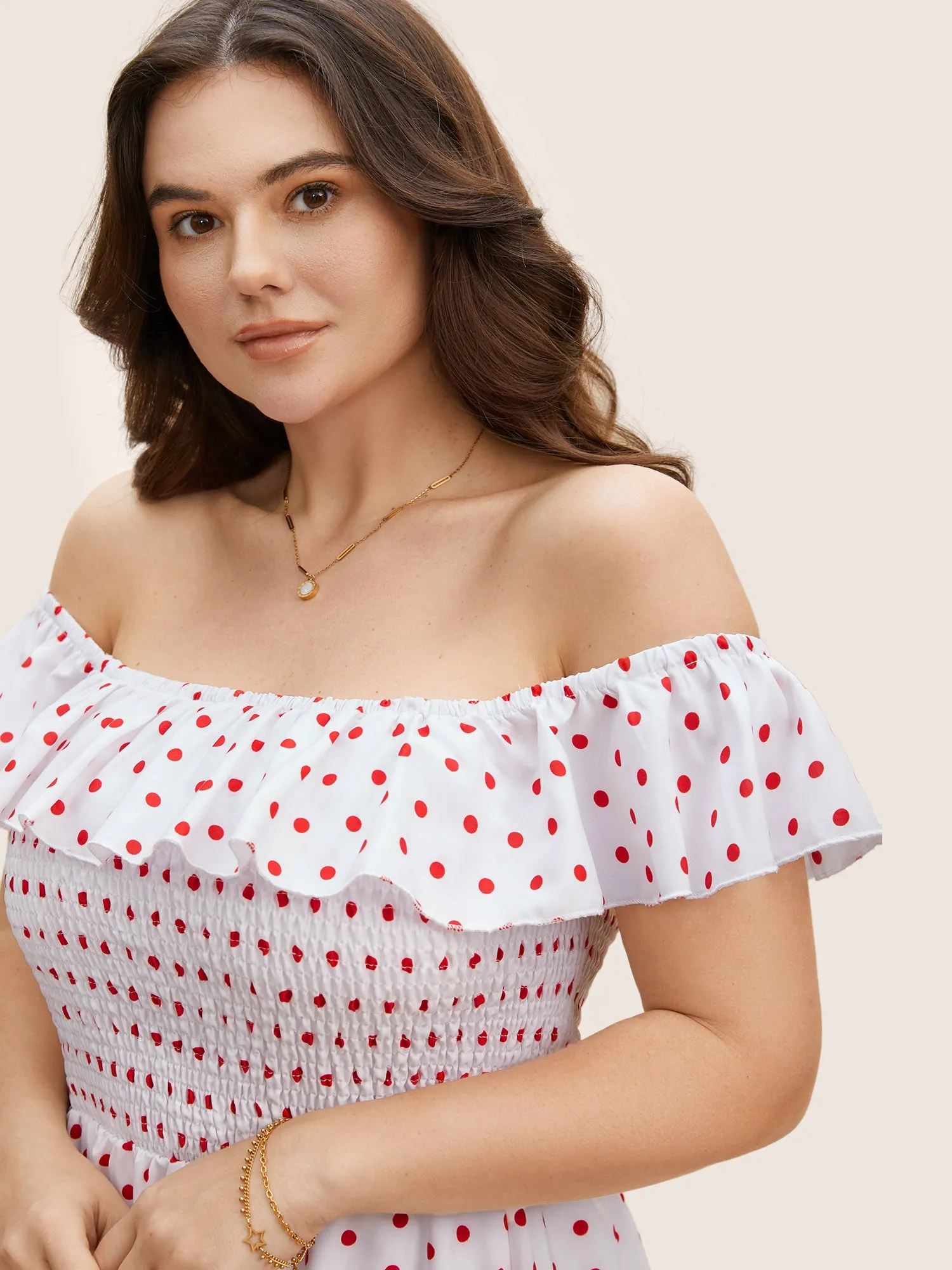 Off Shoulder Polka Dot Shirred Ruffles Dress sold by Bloomchic product image thumbnail 2