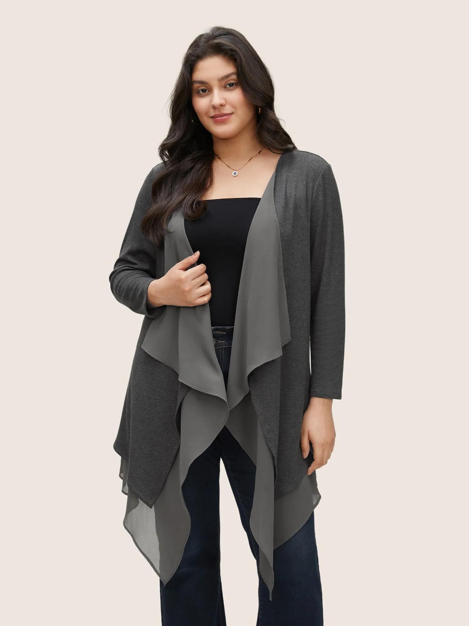 Patchwork Chiffon Mesh Asymmetrical Hem Kimono sold by Bloomchic