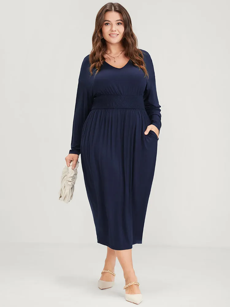 Plain V Neck Pocket Shirred Waist Midi Dress sold by Bloomchic product image thumbnail 3