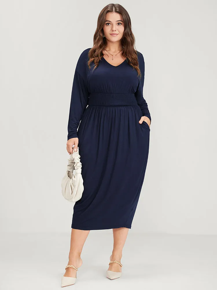 Plain V Neck Pocket Shirred Waist Midi Dress sold by Bloomchic product image thumbnail 4