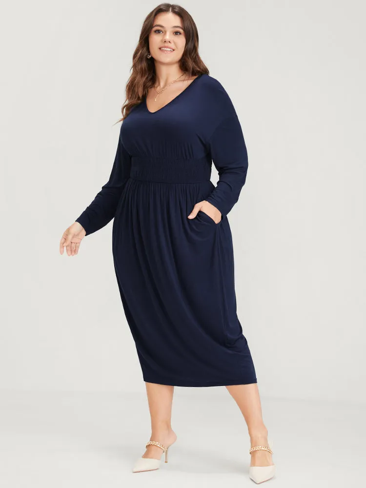 Plain V Neck Pocket Shirred Waist Midi Dress sold by Bloomchic