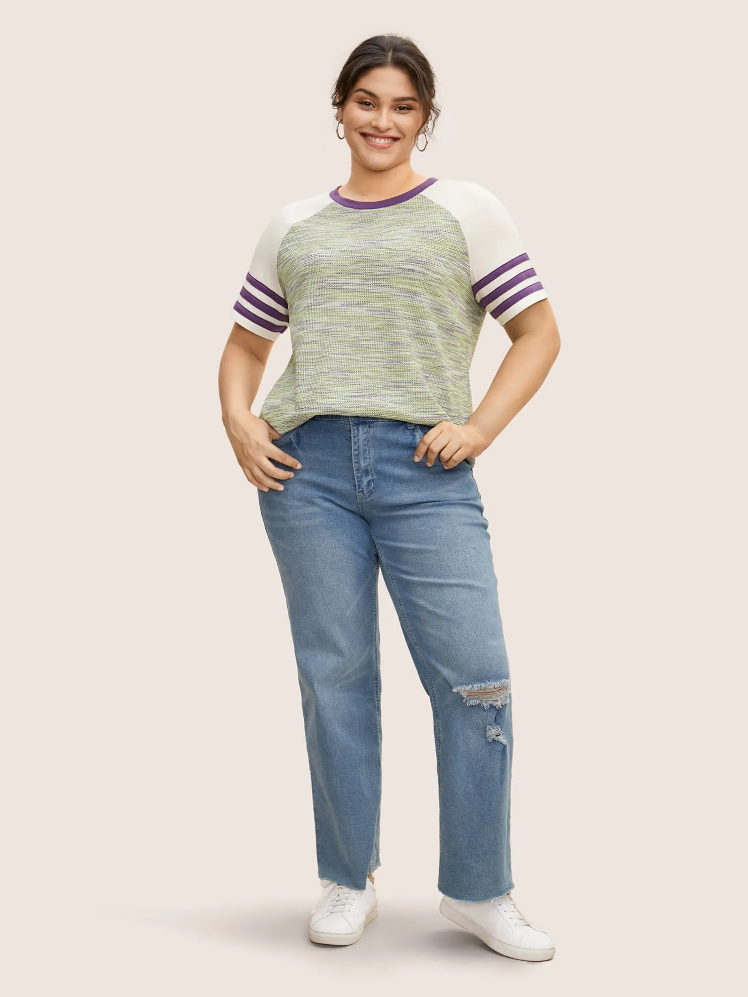 Contrast Striped Patchwork Raglan Sleeve T-shirt sold by Bloomchic product image thumbnail 3