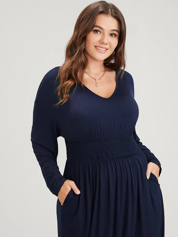 Plain V Neck Pocket Shirred Waist Midi Dress sold by Bloomchic product image thumbnail 5