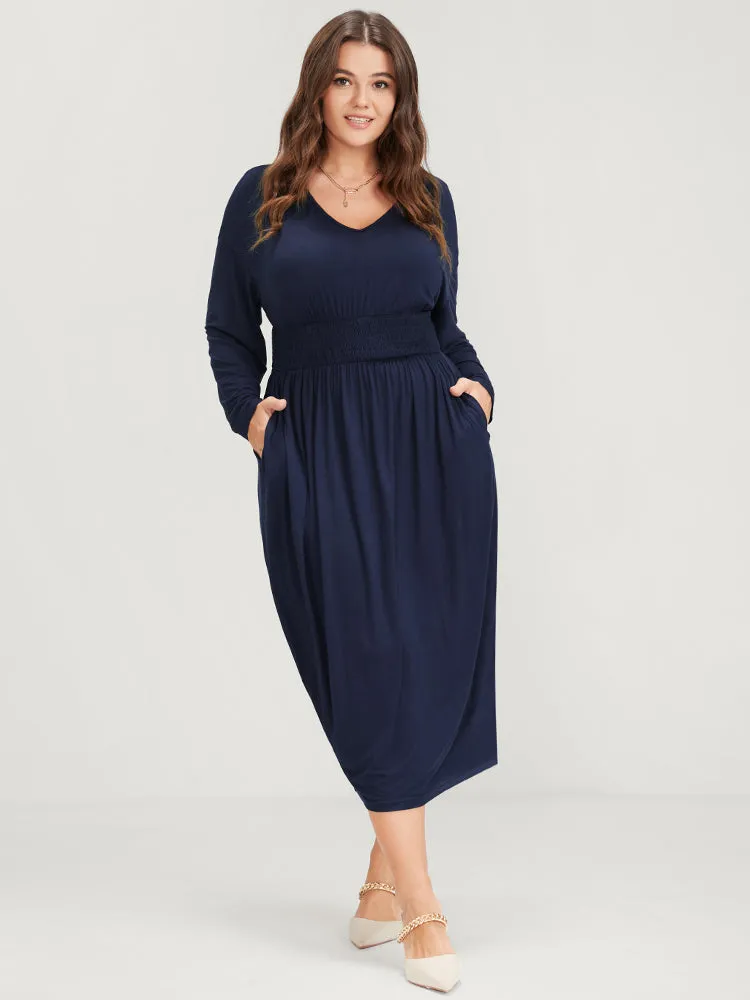 Plain V Neck Pocket Shirred Waist Midi Dress sold by Bloomchic product image thumbnail 2