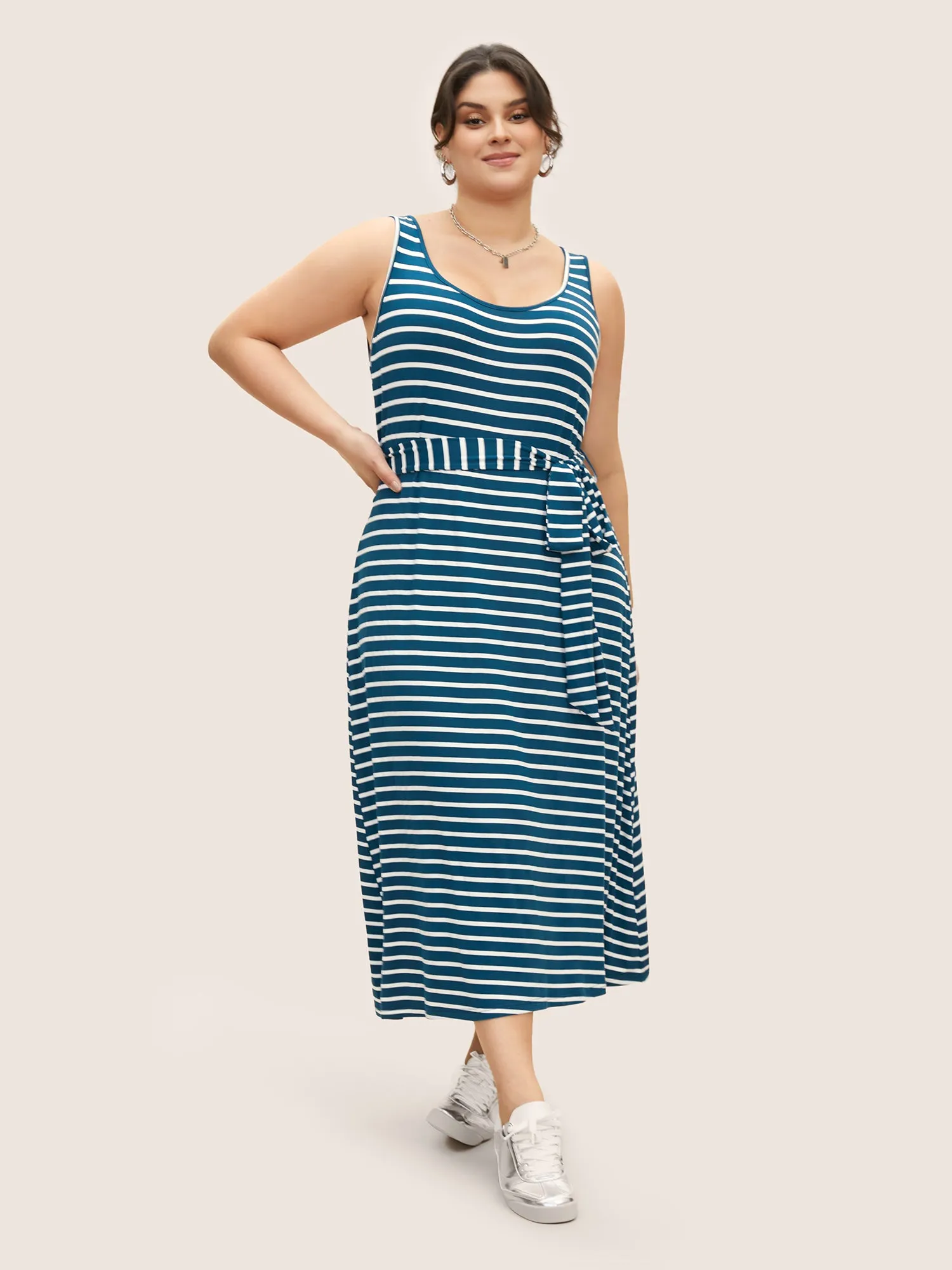 U Neck Striped Belted Tank Dress sold by Bloomchic
