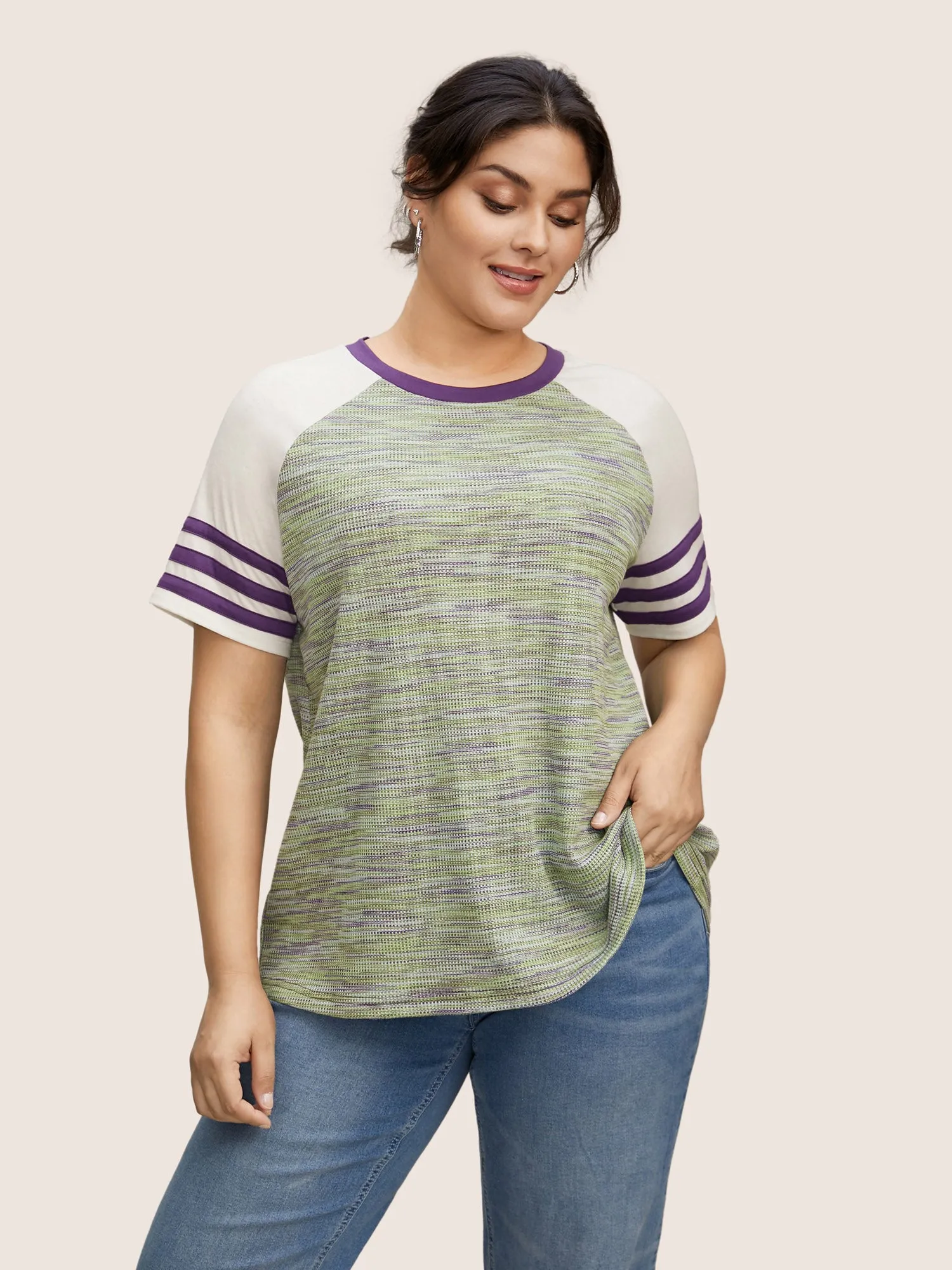 Contrast Striped Patchwork Raglan Sleeve T-shirt sold by Bloomchic