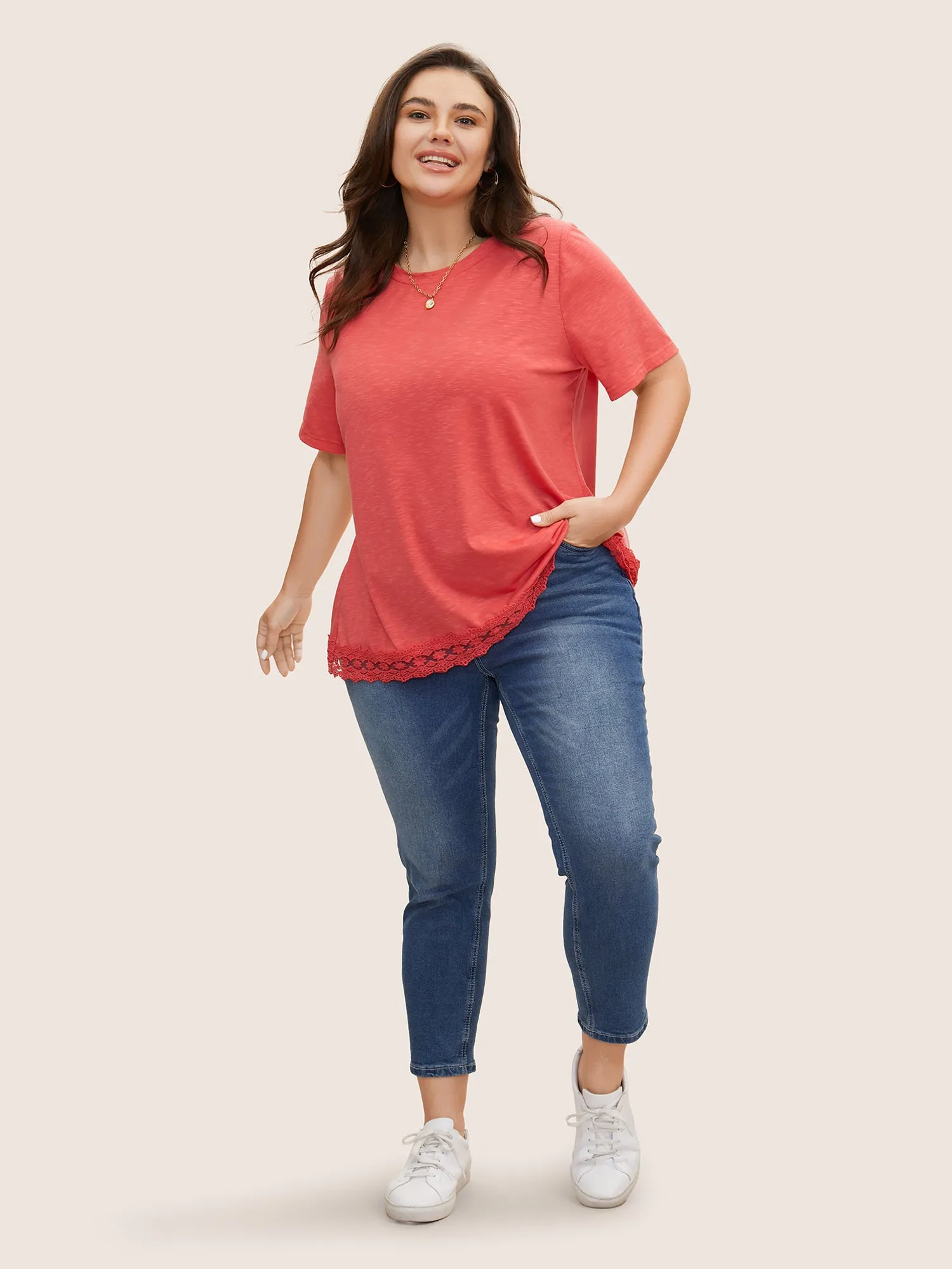 Crew Neck Lace Patchwork Wrap T-shirt sold by Bloomchic product image thumbnail 2