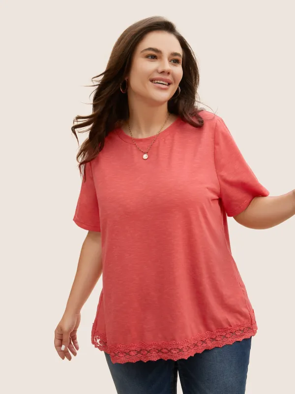 Crew Neck Lace Patchwork Wrap T-shirt sold by Bloomchic