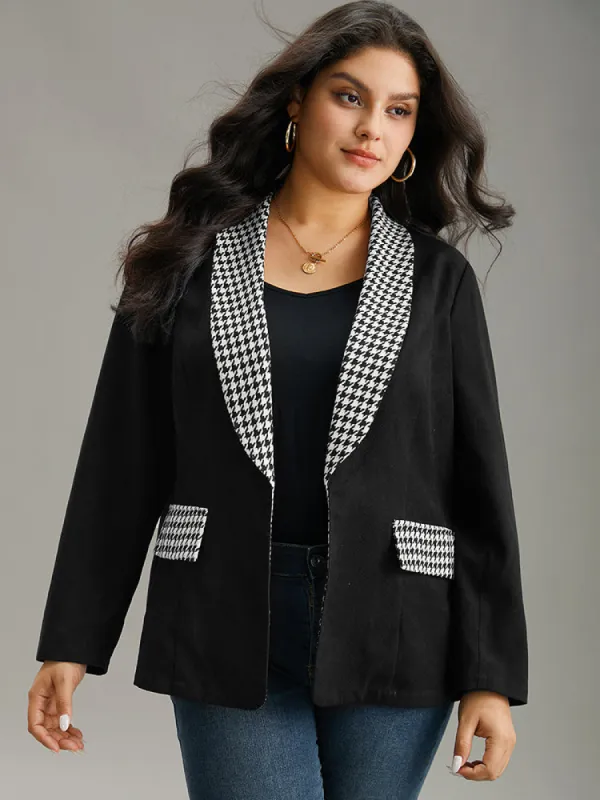 Houndstooth Patchwork Contrast Twill Lapel Collar Blazer sold by Bloomchic