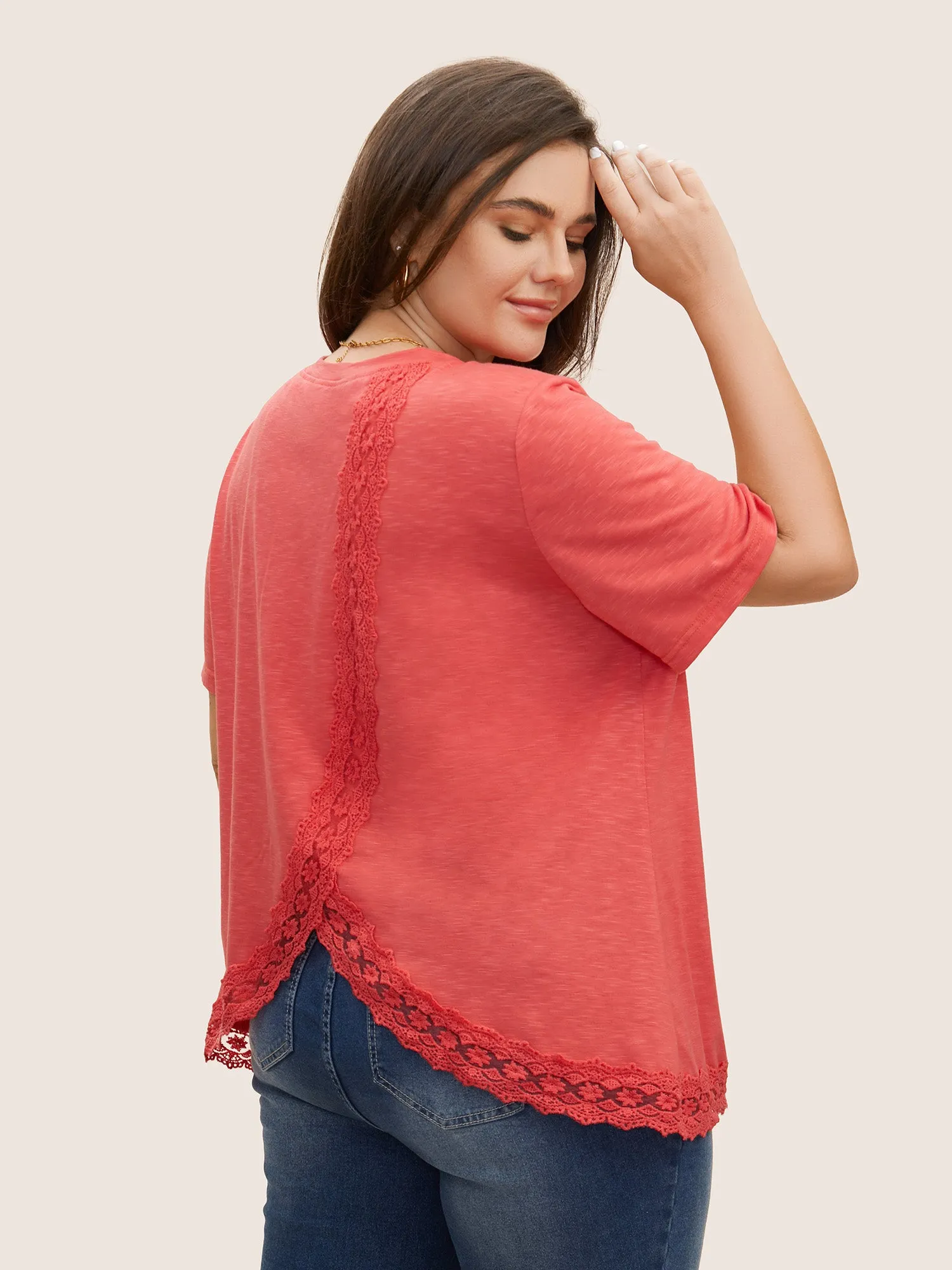 Crew Neck Lace Patchwork Wrap T-shirt sold by Bloomchic product image thumbnail 4