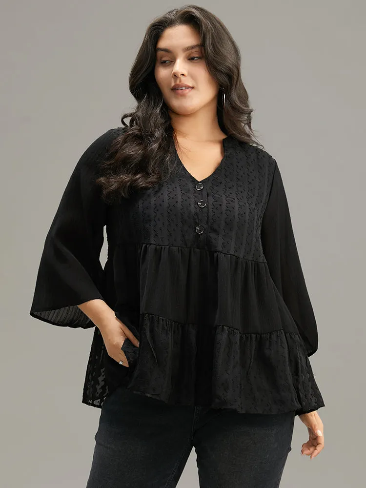 Plain Textured V Neck Elastic Waist Ruffle Hem Blouse sold by Bloomchic product image thumbnail 5