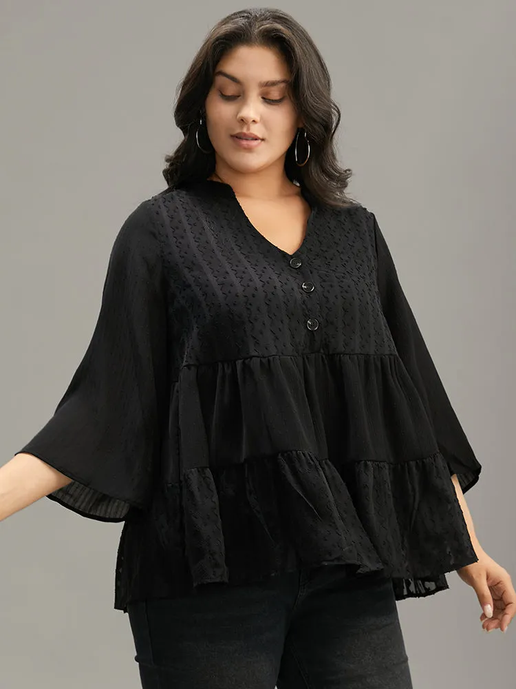 Plain Textured V Neck Elastic Waist Ruffle Hem Blouse sold by Bloomchic product image thumbnail 3