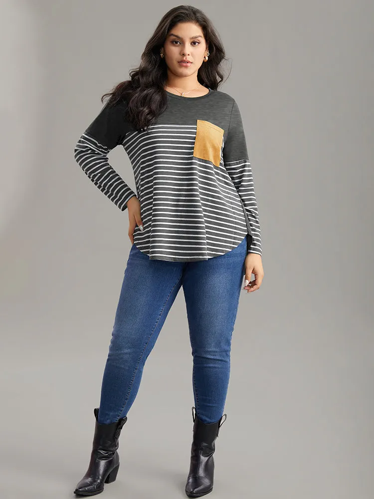 Striped Contrast Patched Pocket Arc Hem T-shirt sold by Bloomchic product image thumbnail 4