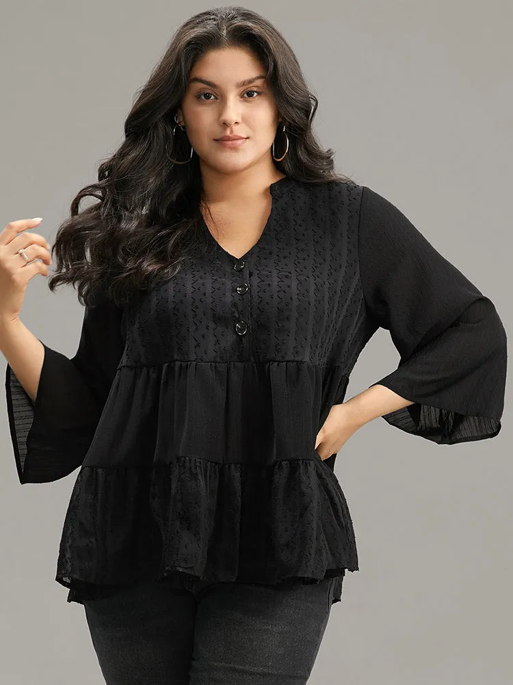 Plain Textured V Neck Elastic Waist Ruffle Hem Blouse sold by Bloomchic