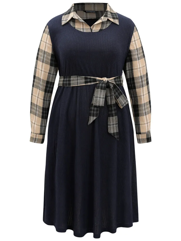 Plaid Patchwork Rib Knit Shirt Collar Belted Dress sold by Bloomchic product image thumbnail 5