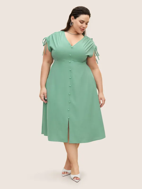 Plain Split Front Drawstring Cap Sleeve Dress sold by Bloomchic